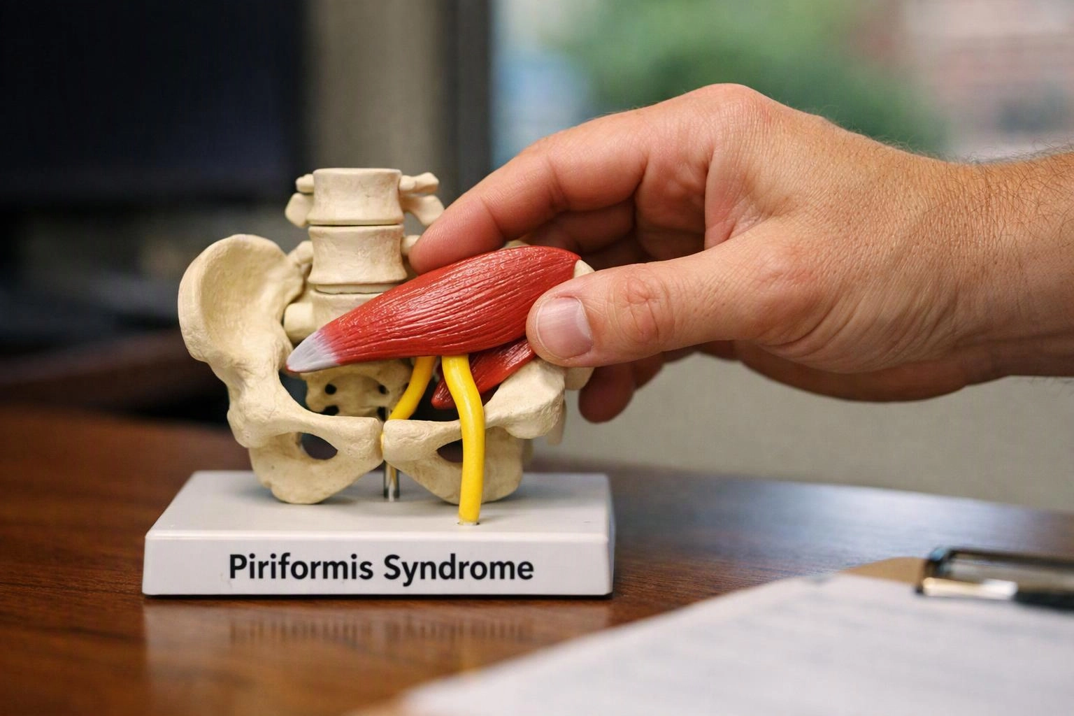 A hand holds a muscle-and-bone model labeled “Piriformis Syndrome” on a desk