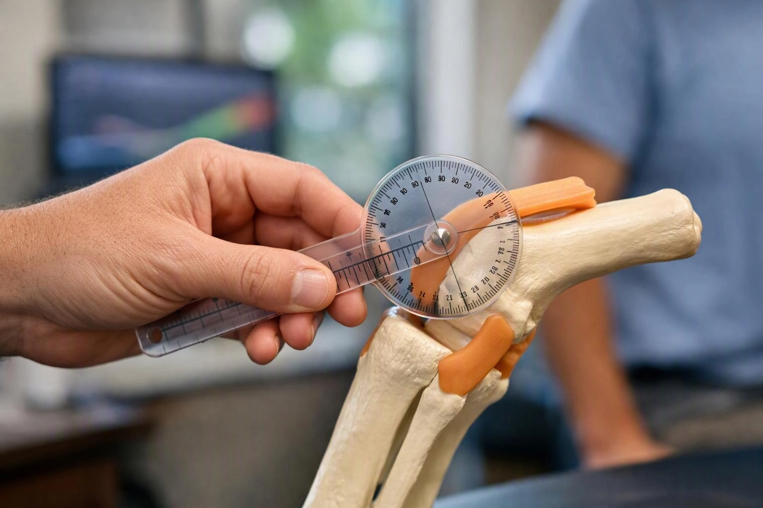 A hand measures a knee joint model with a clear plastic angle gauge in a classroom setting