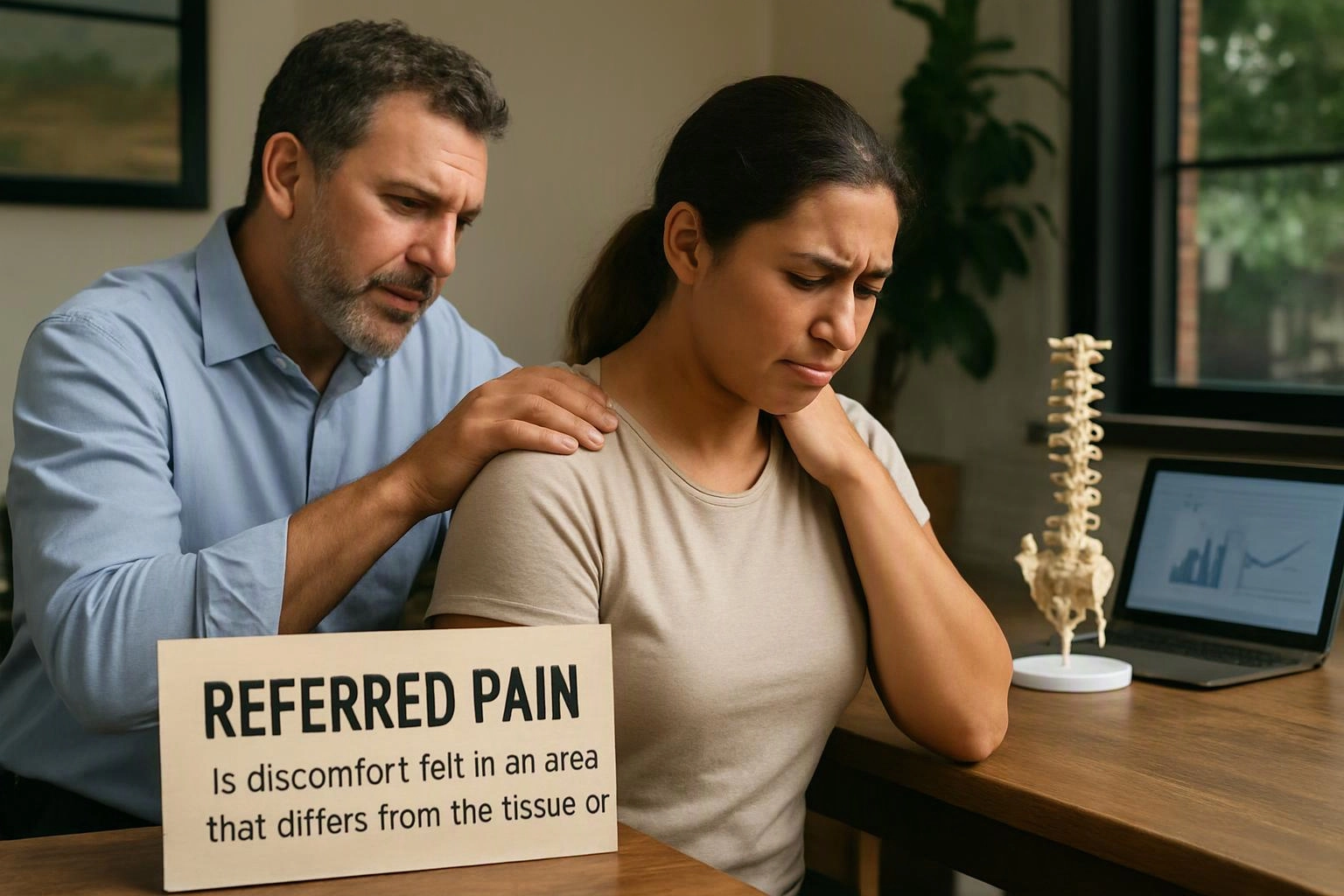 A concerned man rests his hands on a woman’s shoulders beside a sign reading “REFERRED PAIN” and a laptop display