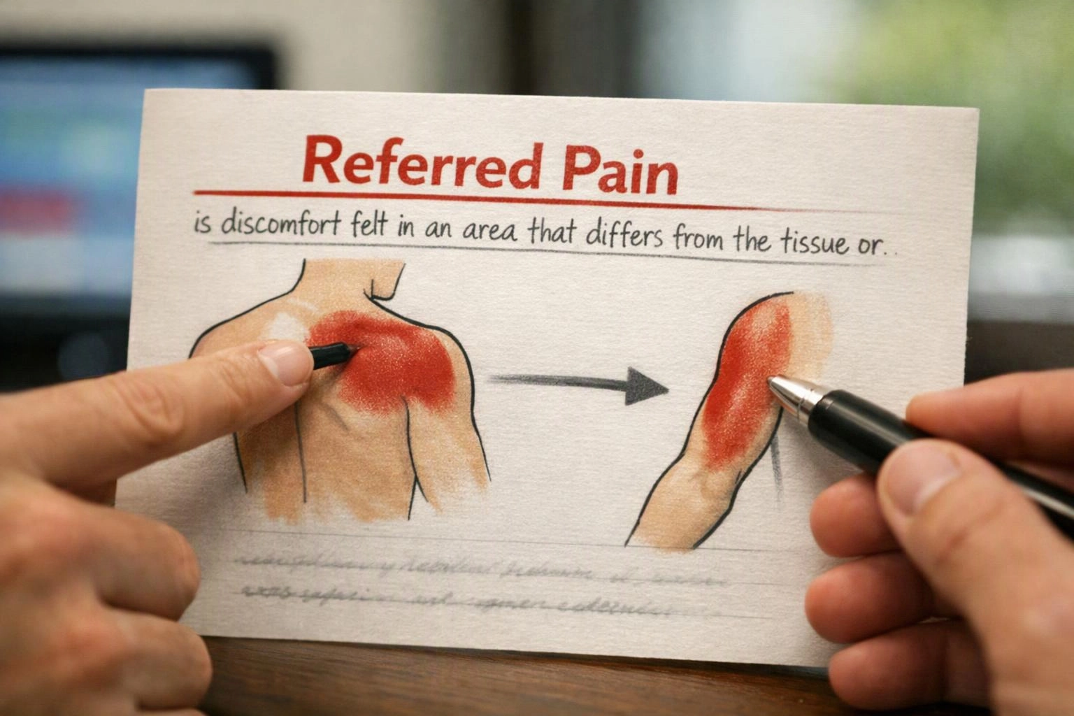 Hands point at a card titled Referred Pain showing red pain areas on two drawn body parts
