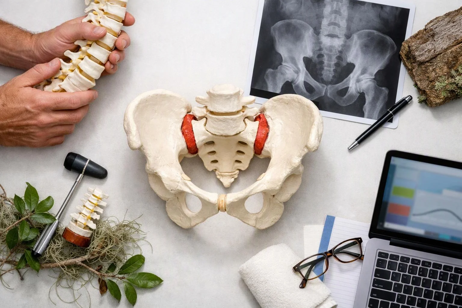 A tabletop anatomy display shows a pelvis model, a spine in hand, an X-ray, and office tools around a laptop