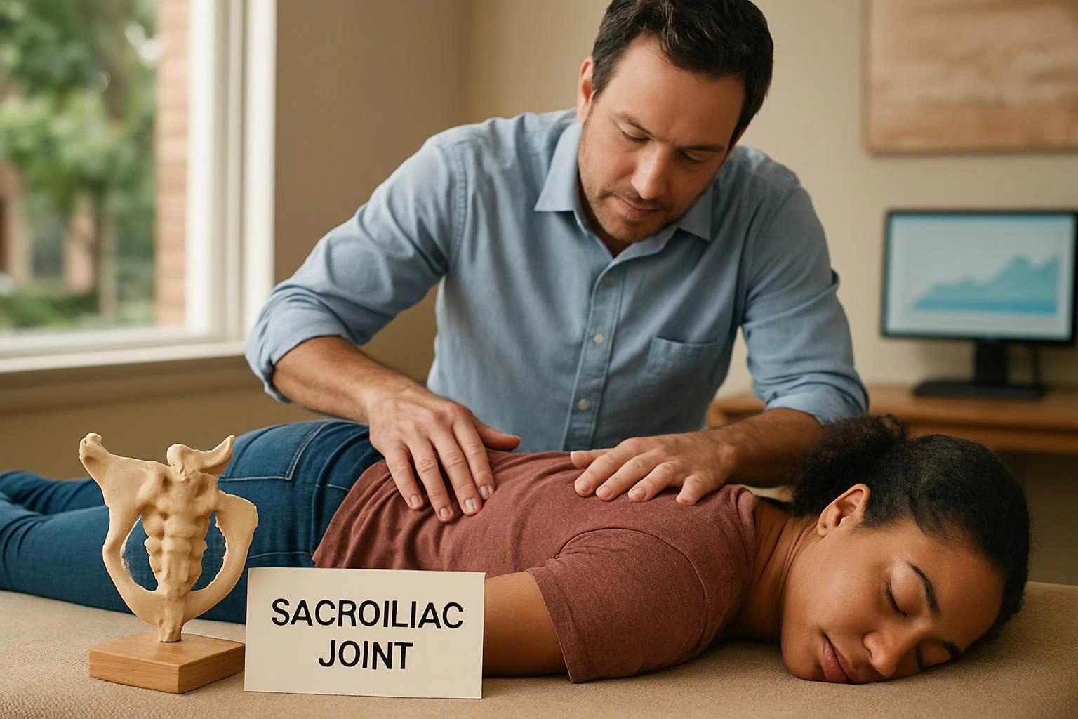 A man gives a woman a back adjustment beside a small spine model and a card reading "SACROILIAC JOINT"