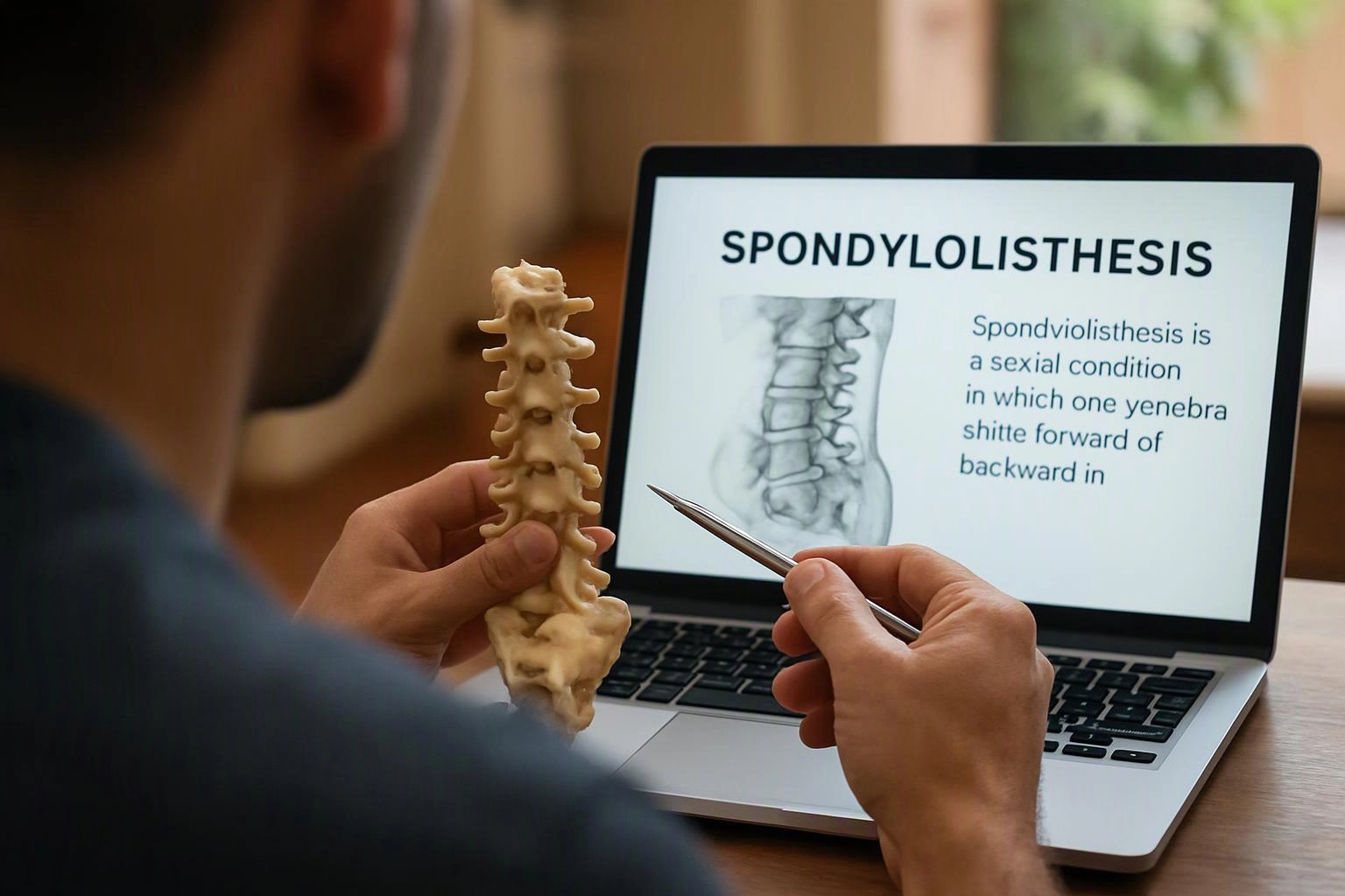 A person studies a spine model beside a laptop showing a spondylolisthesis diagram and text
