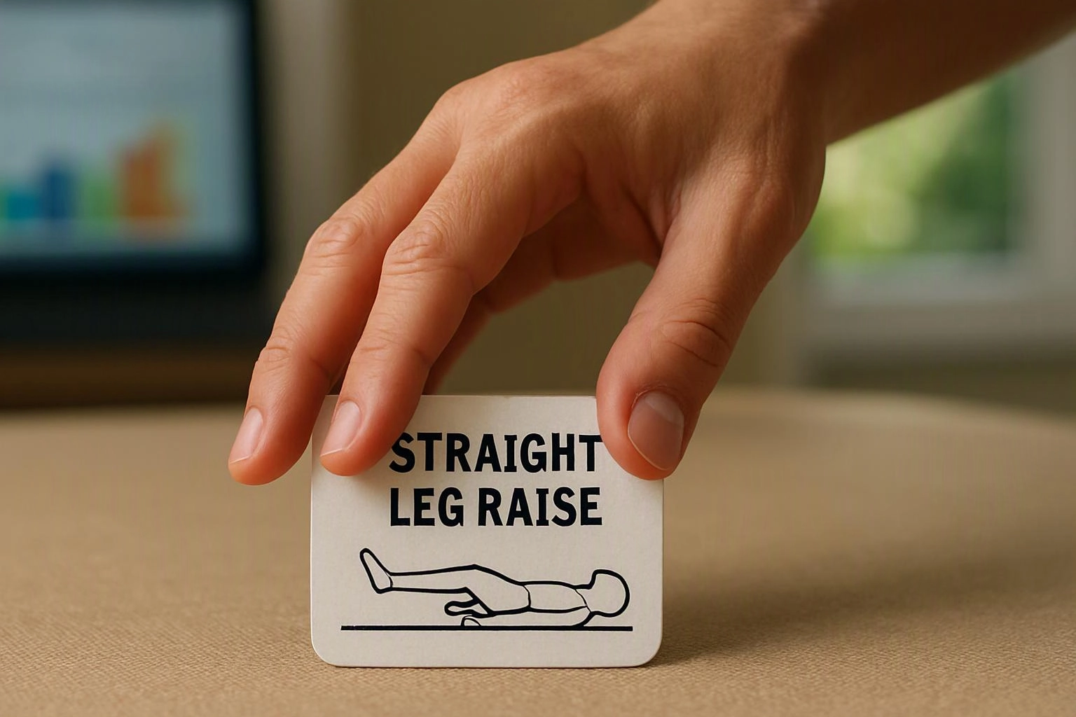 A hand holds a card labeled “STRAIGHT LEG RAISE” with a simple exercise illustration on a table