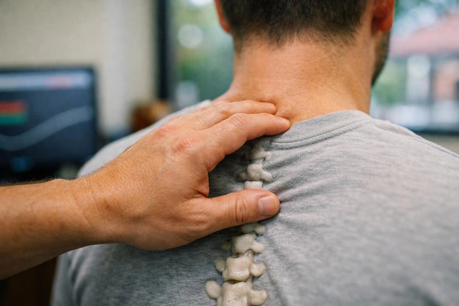 A hand presses on a man’s upper back near a line of spine-shaped objects in a clinic setting