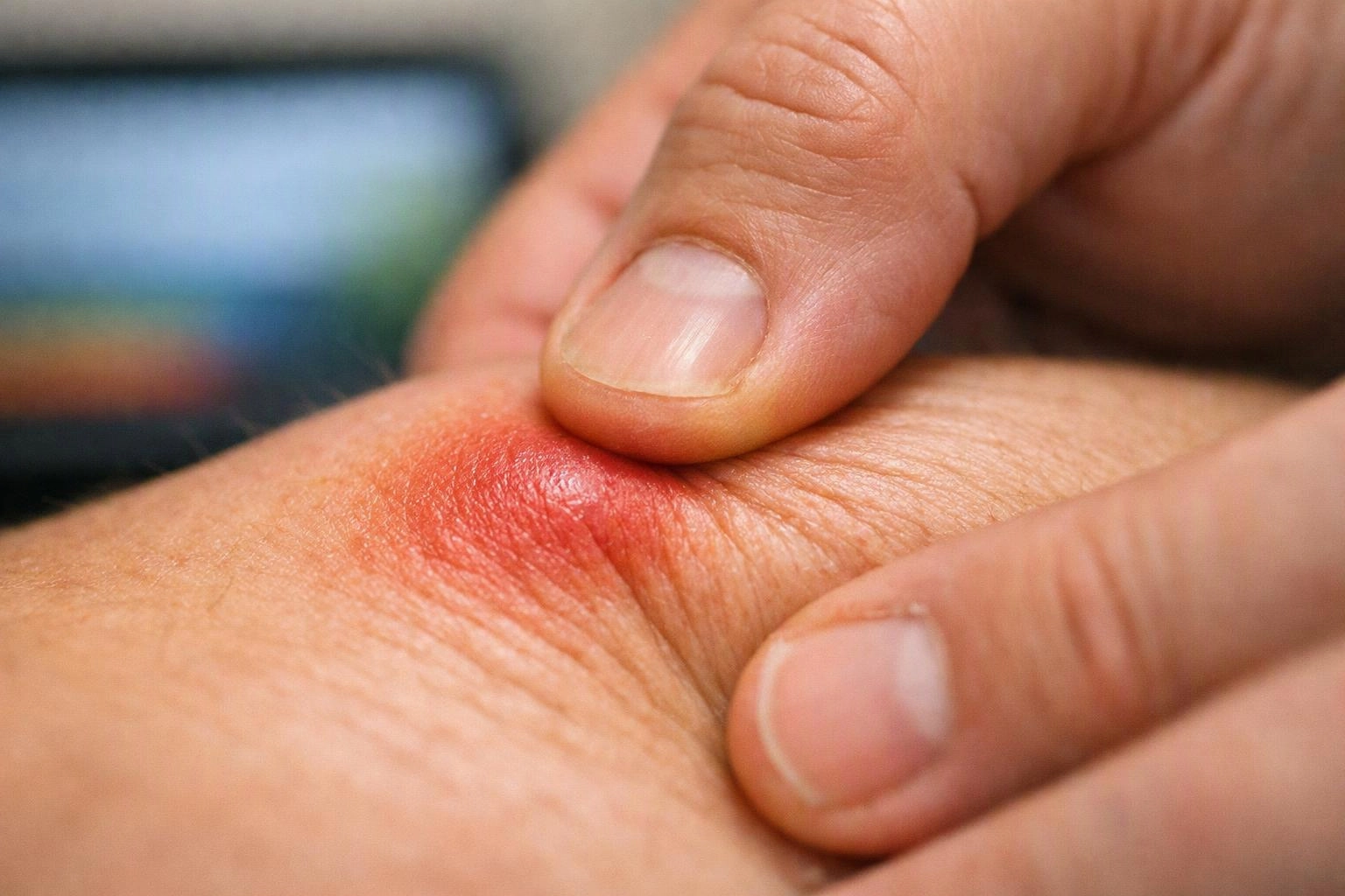 Close-up of fingers pressing a swollen red bump on skin with a blurred background