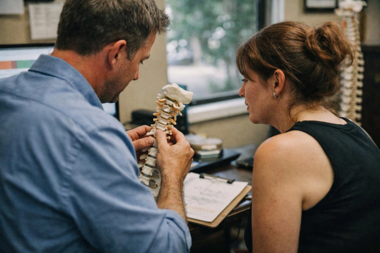 A man shows a woman a spine model at a desk in a bright office
