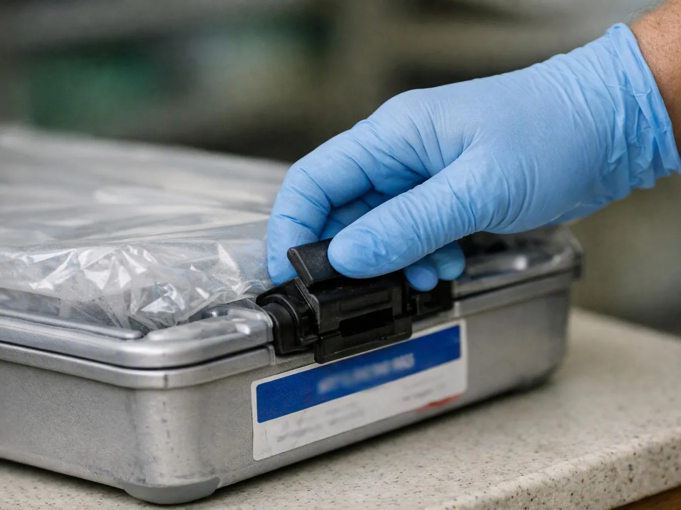A gloved hand fastens a labeled metal container wrapped in clear plastic on a countertop