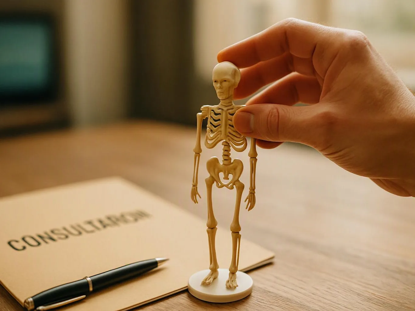 A hand adjusts a small skeleton figurine beside a folder labeled “CONSULTATION” and a pen on a wooden table
