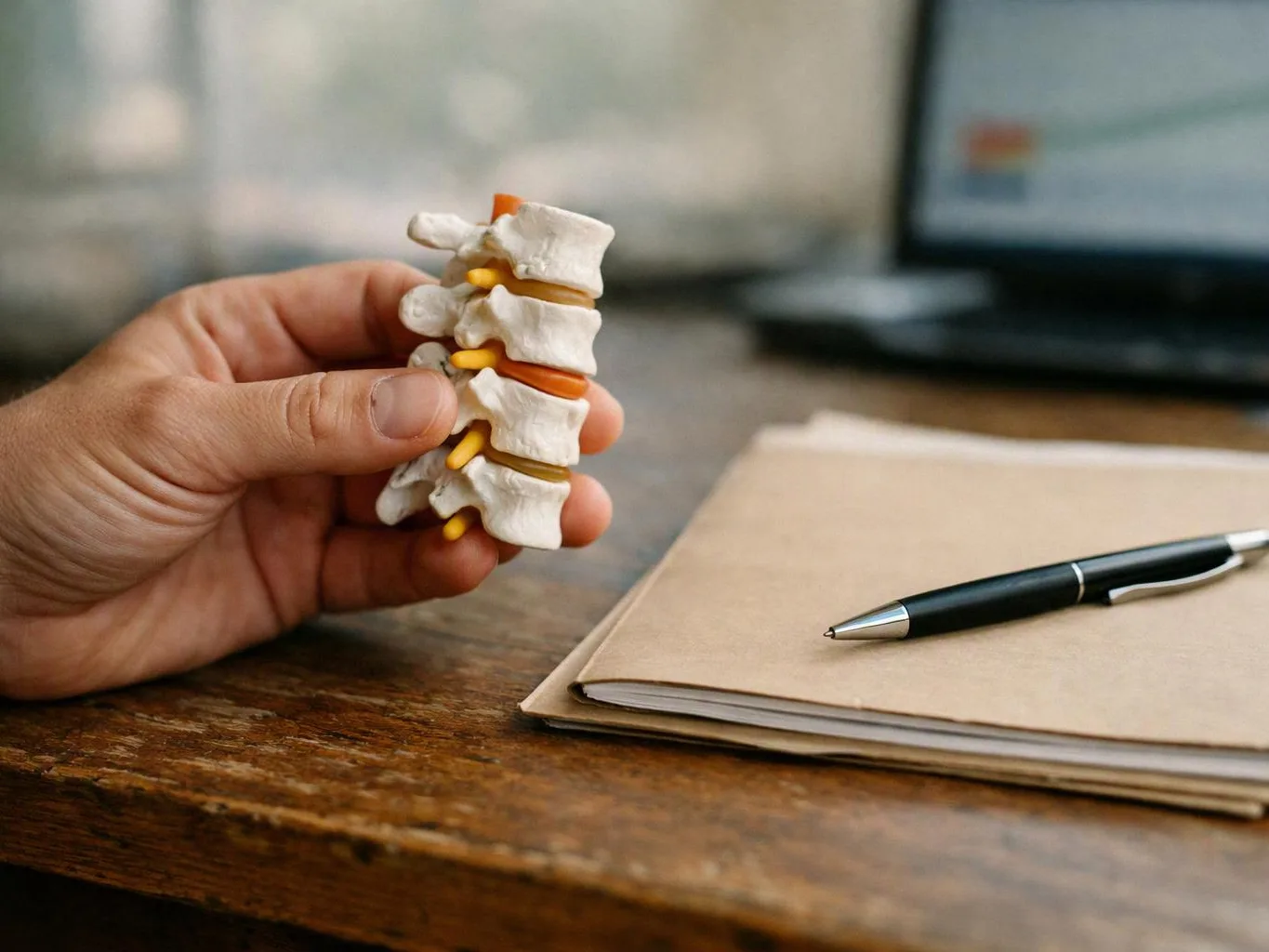 A hand holds a small spine model beside a notebook and pen on a wooden desk