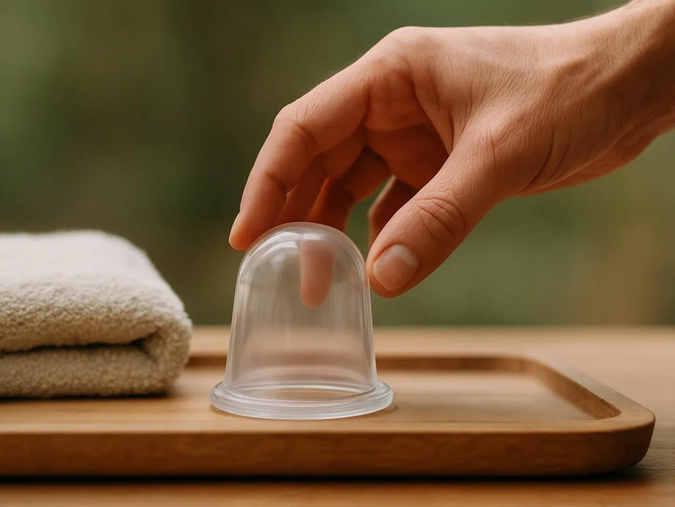 A hand lifts a clear plastic cup from a wooden tray beside a folded towel