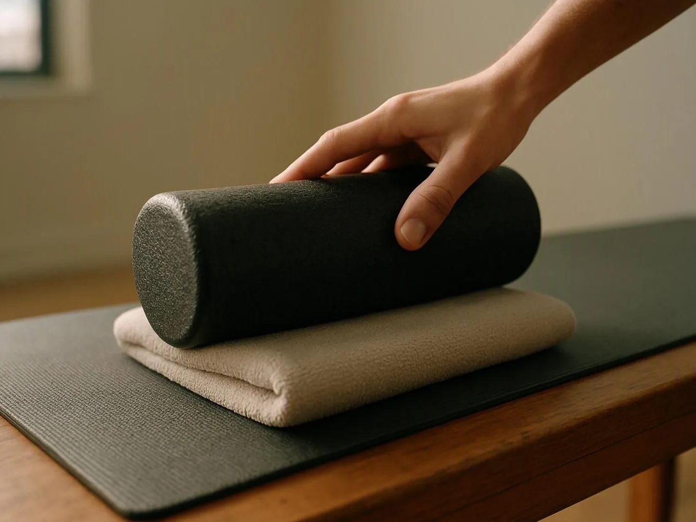 A hand places a black foam roller on a folded beige towel over a yoga mat