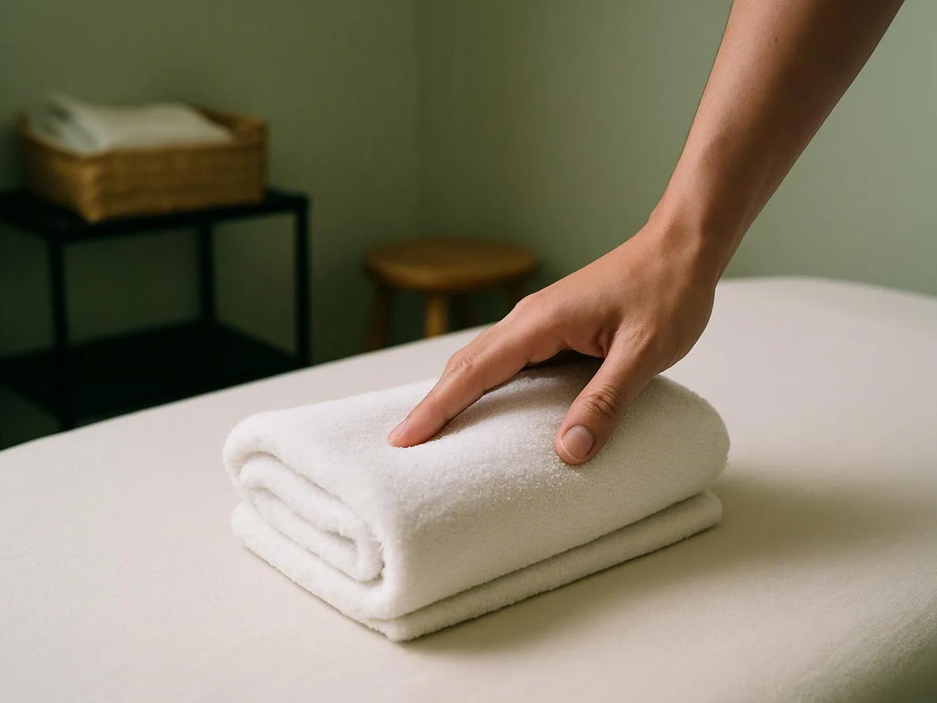 A hand presses a folded white towel on a massage table in a calm spa room