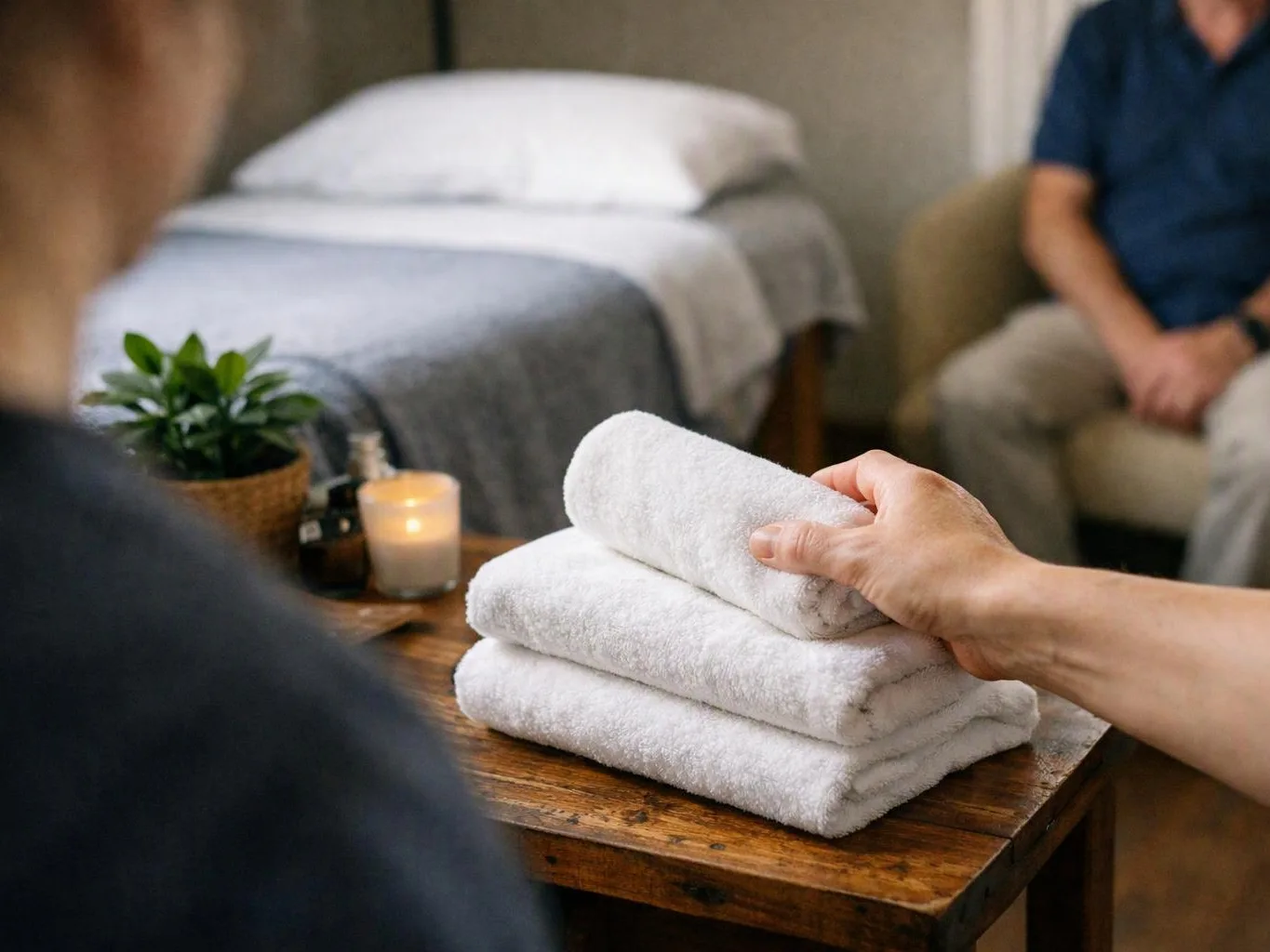 A hand stacks folded white towels on a wooden table beside a lit candle and potted plant in a quiet room