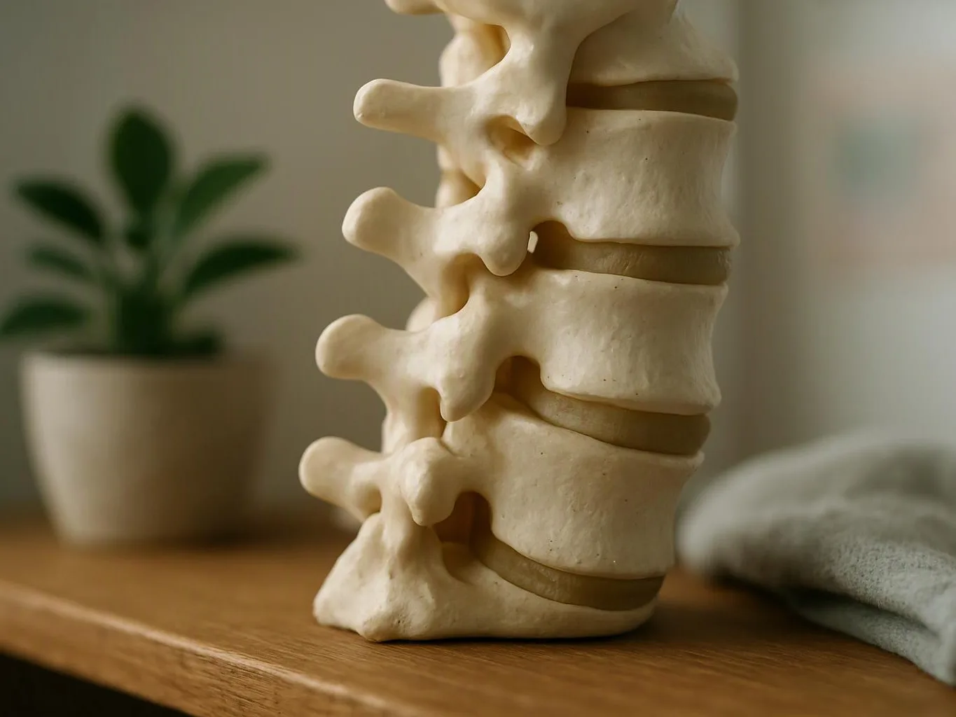 A human spine model stands on a wooden table beside a blurred potted plant and folded cloth