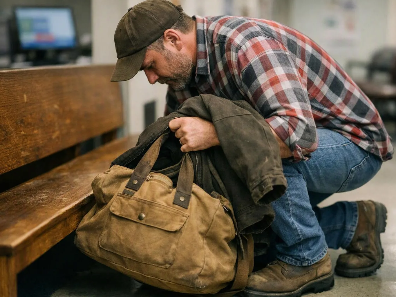 A kneeling man in a cap leans over a bench, packing a jacket into a worn tan duffel bag