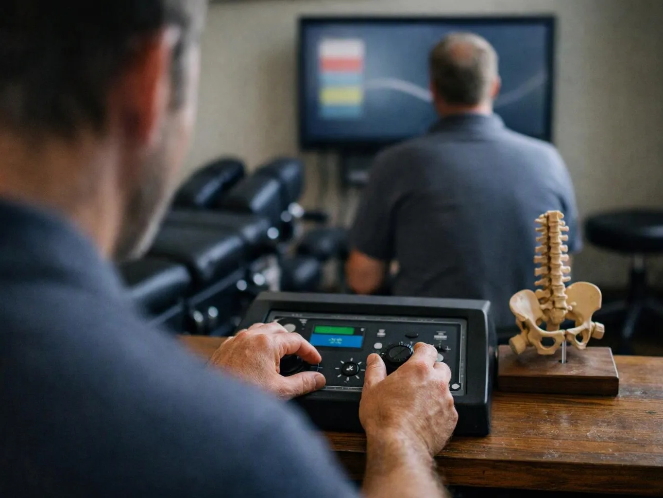 A man adjusts a treatment machine in a therapy room while another sits ahead and a spine model rests beside him