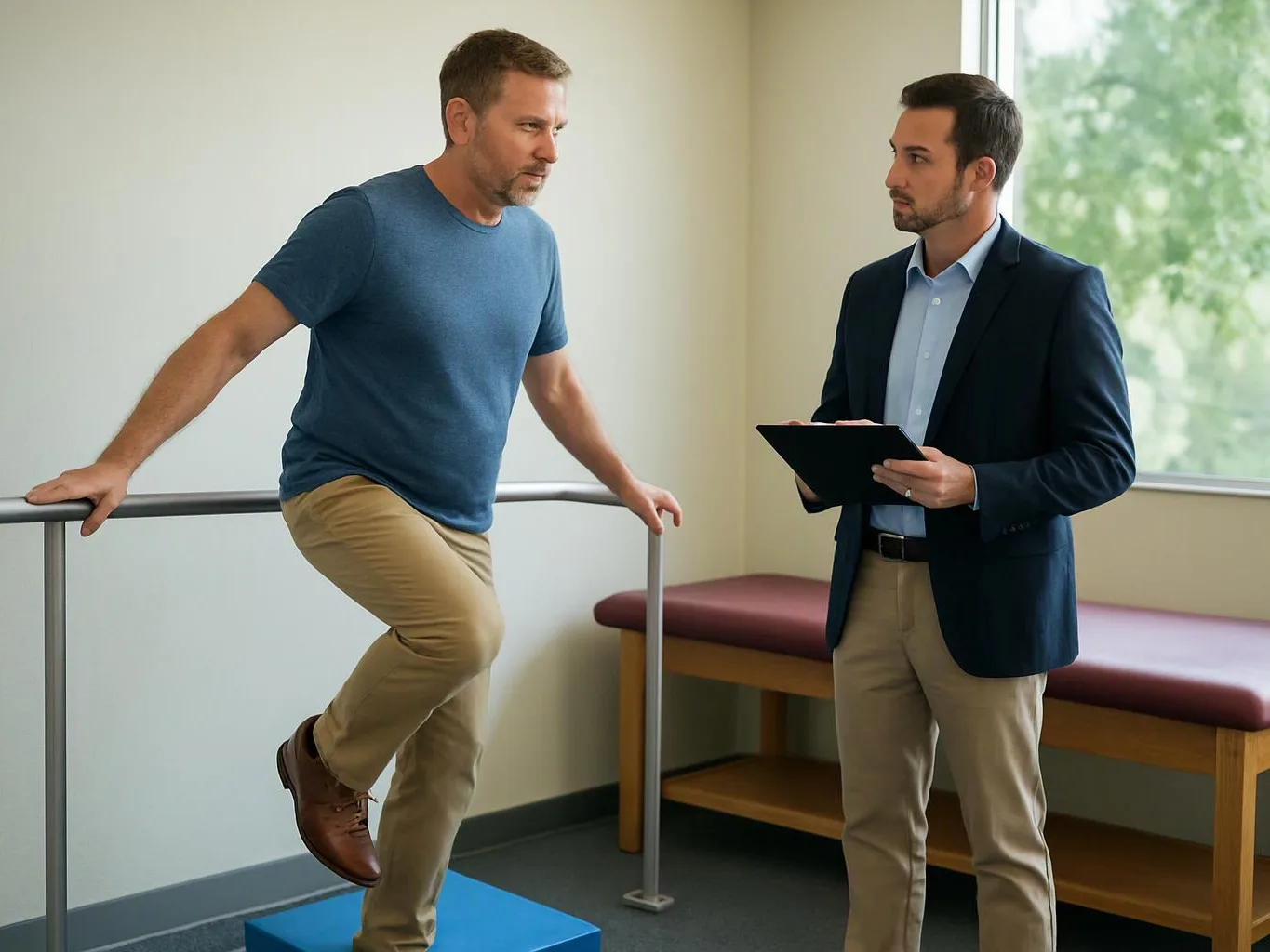 A man balances on a therapy step while another man in a blazer holds a clipboard beside him