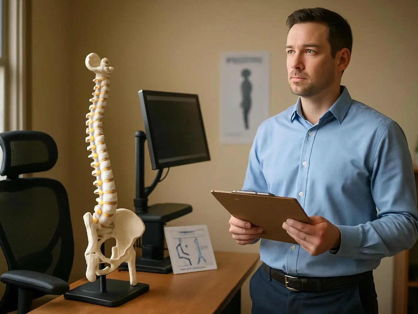 A man in a blue shirt holds a clipboard beside a spine model and computer in a clinic room