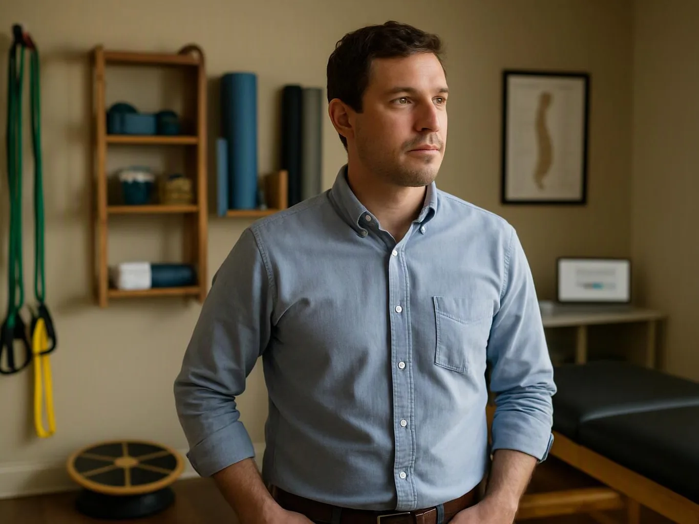 A man in a blue shirt stands in a therapy room with exercise bands, shelves, and a treatment table behind him