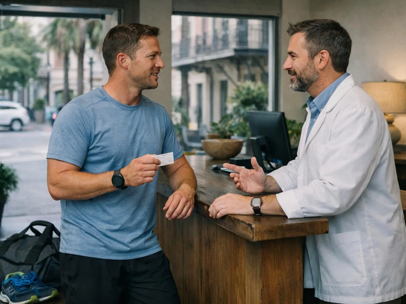 A man in a blue shirt talks with a doctor in a white coat at a reception desk
