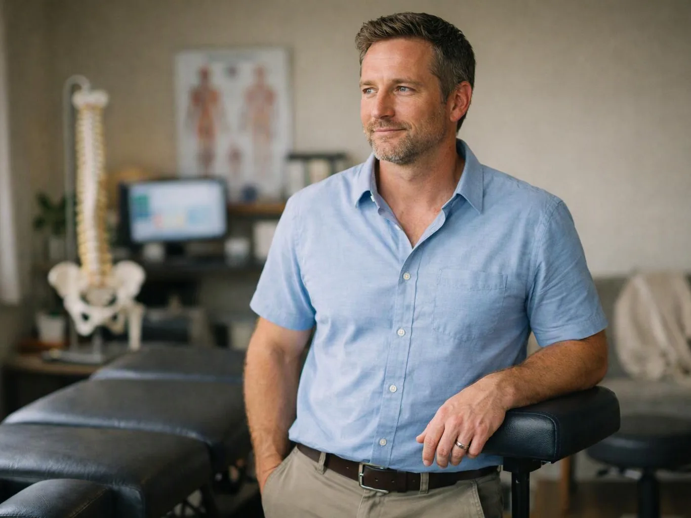 A man in a light blue shirt stands beside a treatment table in a clinic room