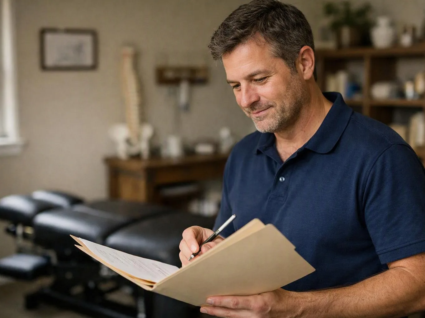 A man in a navy polo writes on a clipboard in a massage room with a treatment table and shelves behind him