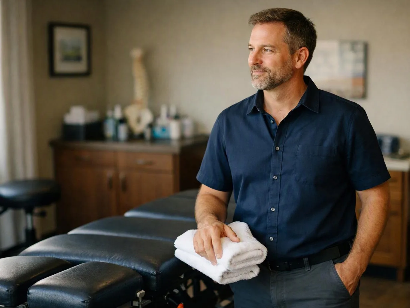 A man in a navy shirt stands beside a padded treatment table, holding folded white towels in a calm room