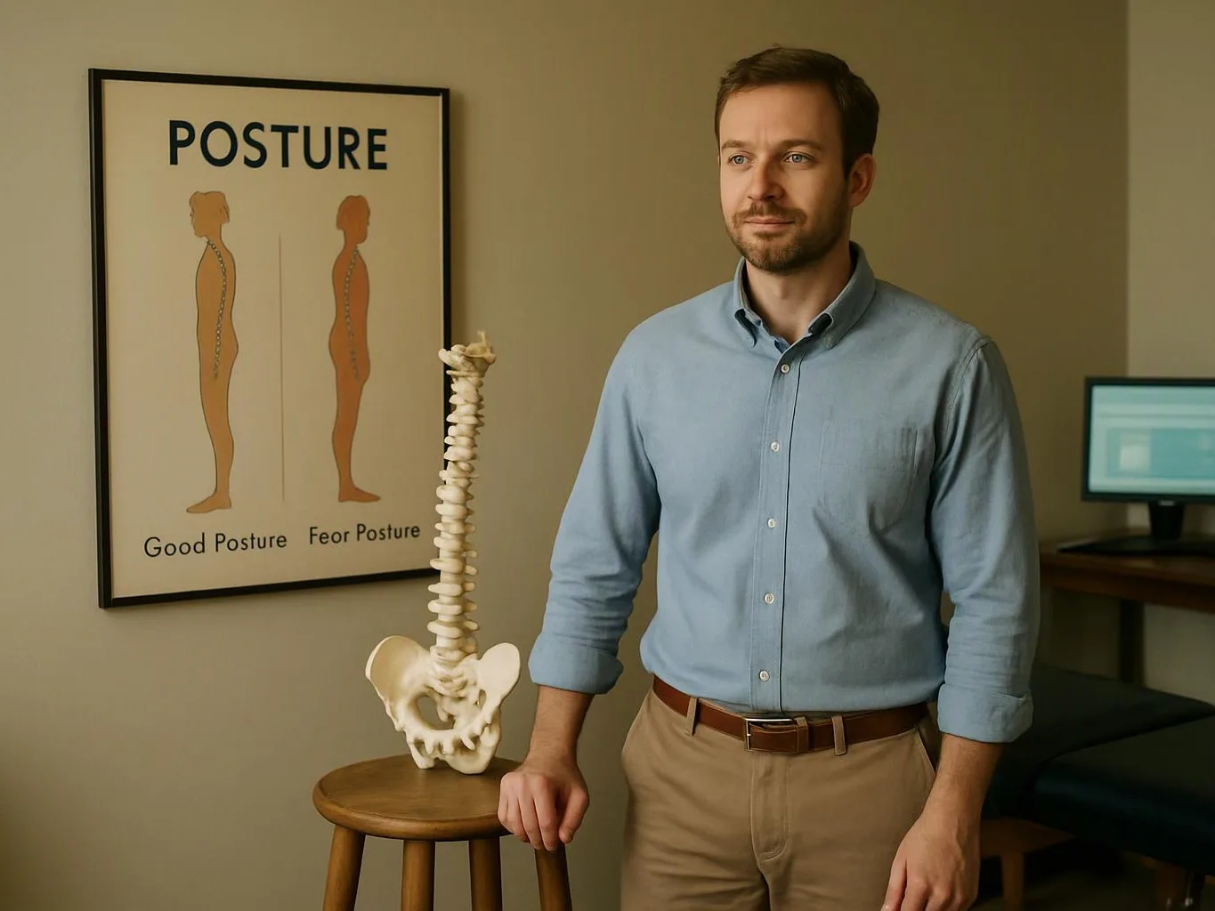 A man stands beside a spine model in a room with a poster labeled “POSTURE” on the wall