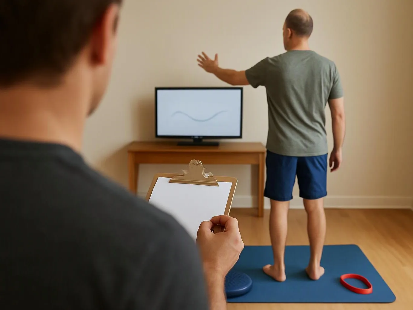 A man stands on a blue mat facing a TV while another person watches with a clipboard in a bare room