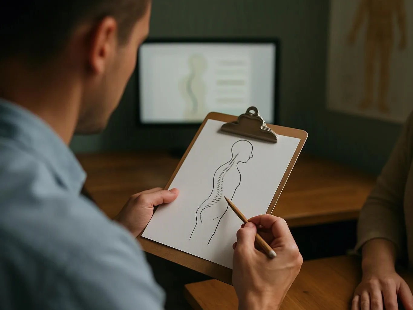A man studies a spine drawing on a clipboard while another person sits nearby in a dim room