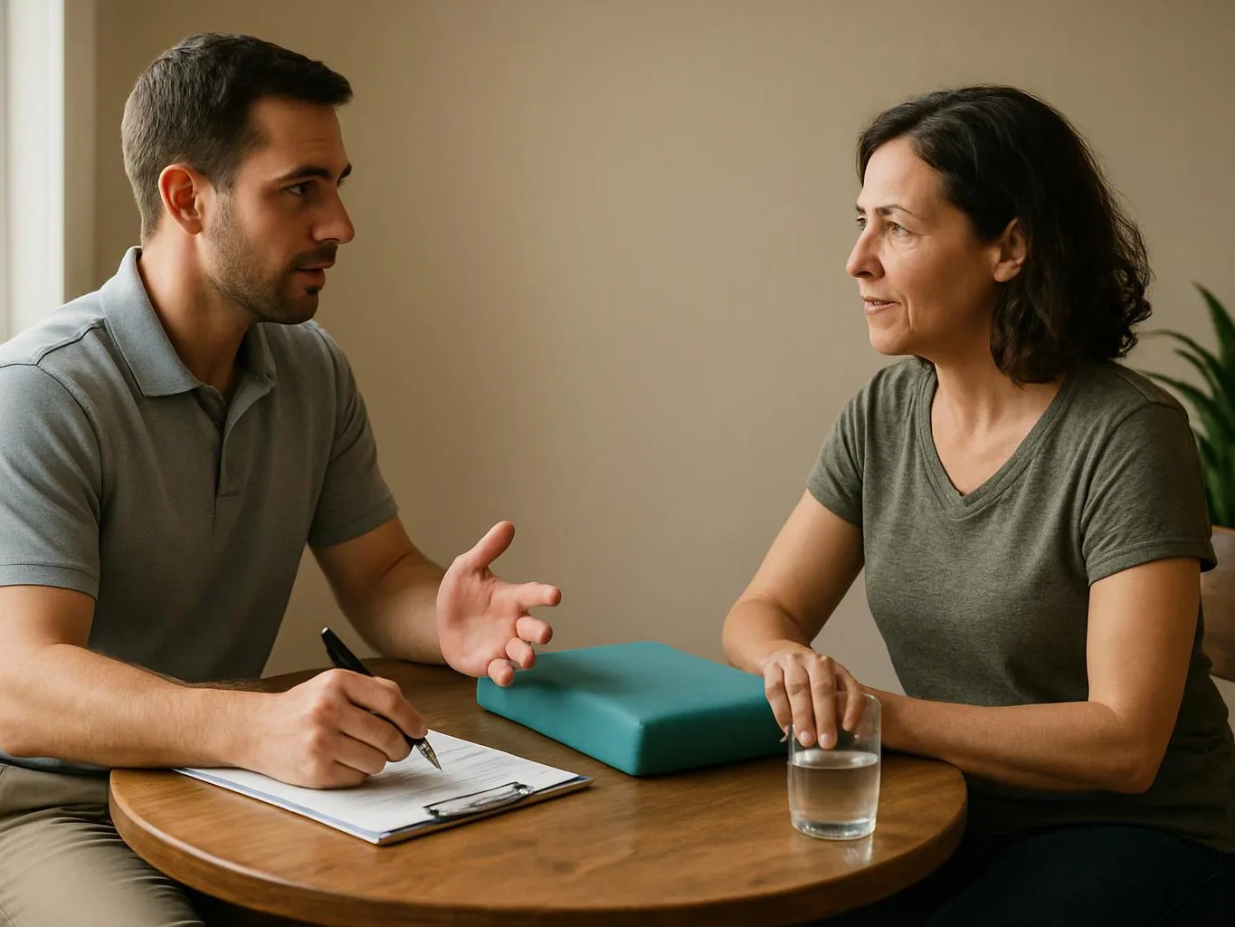A man takes notes while speaking to a woman across a small table with a teal cushion and a glass of water