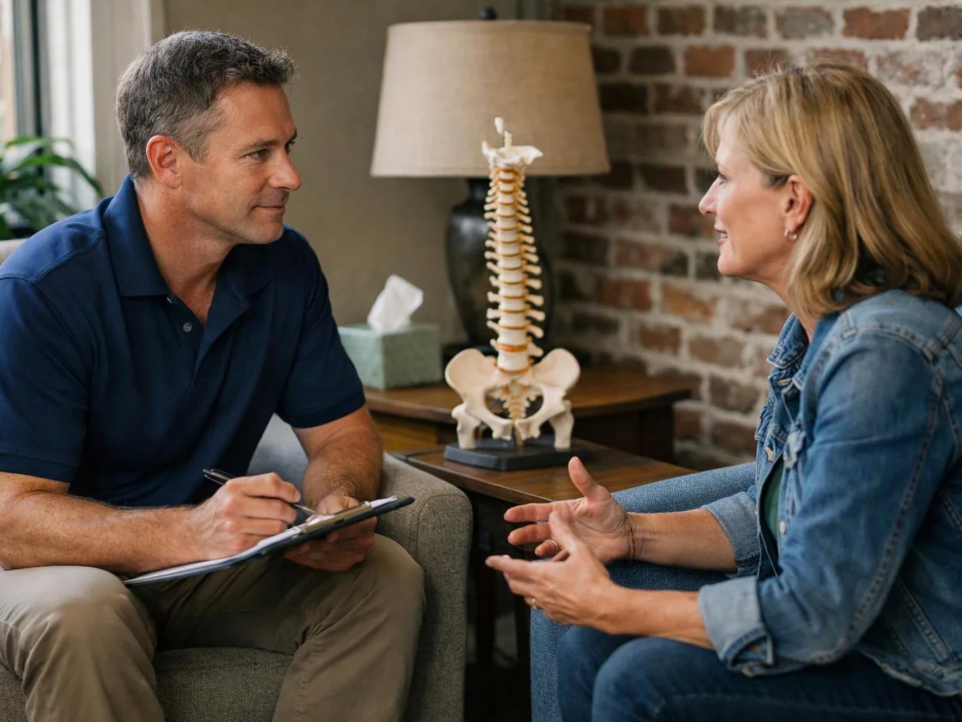 A man takes notes while talking with a woman in a living room, with a spine model on the table