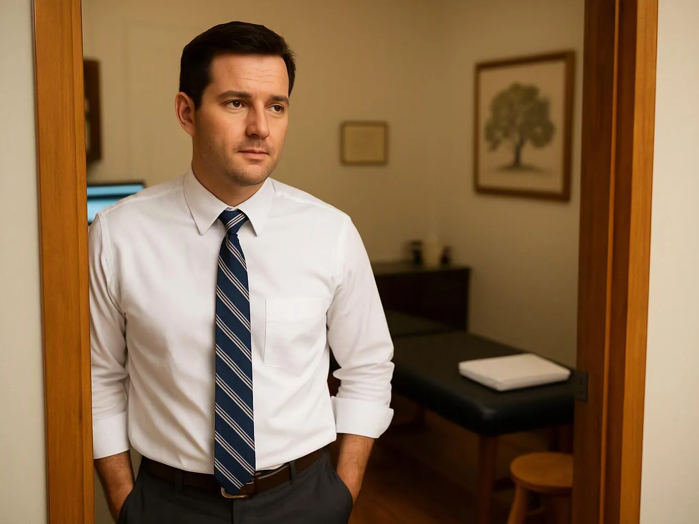 A man in a white shirt and striped tie stands in a doorway of a small exam room, hands in pockets