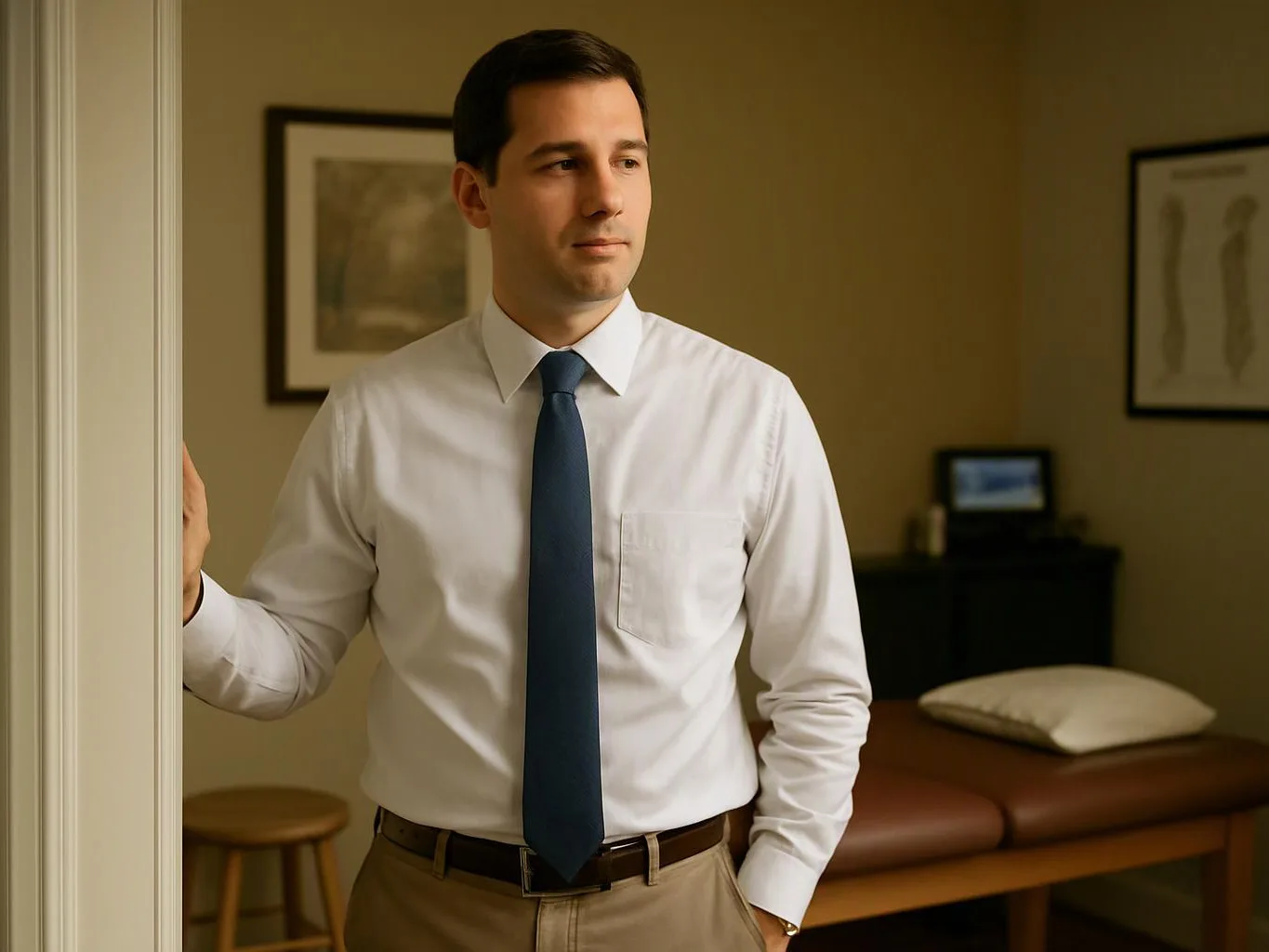 A man in a white shirt and tie stands in a quiet exam room beside a treatment table