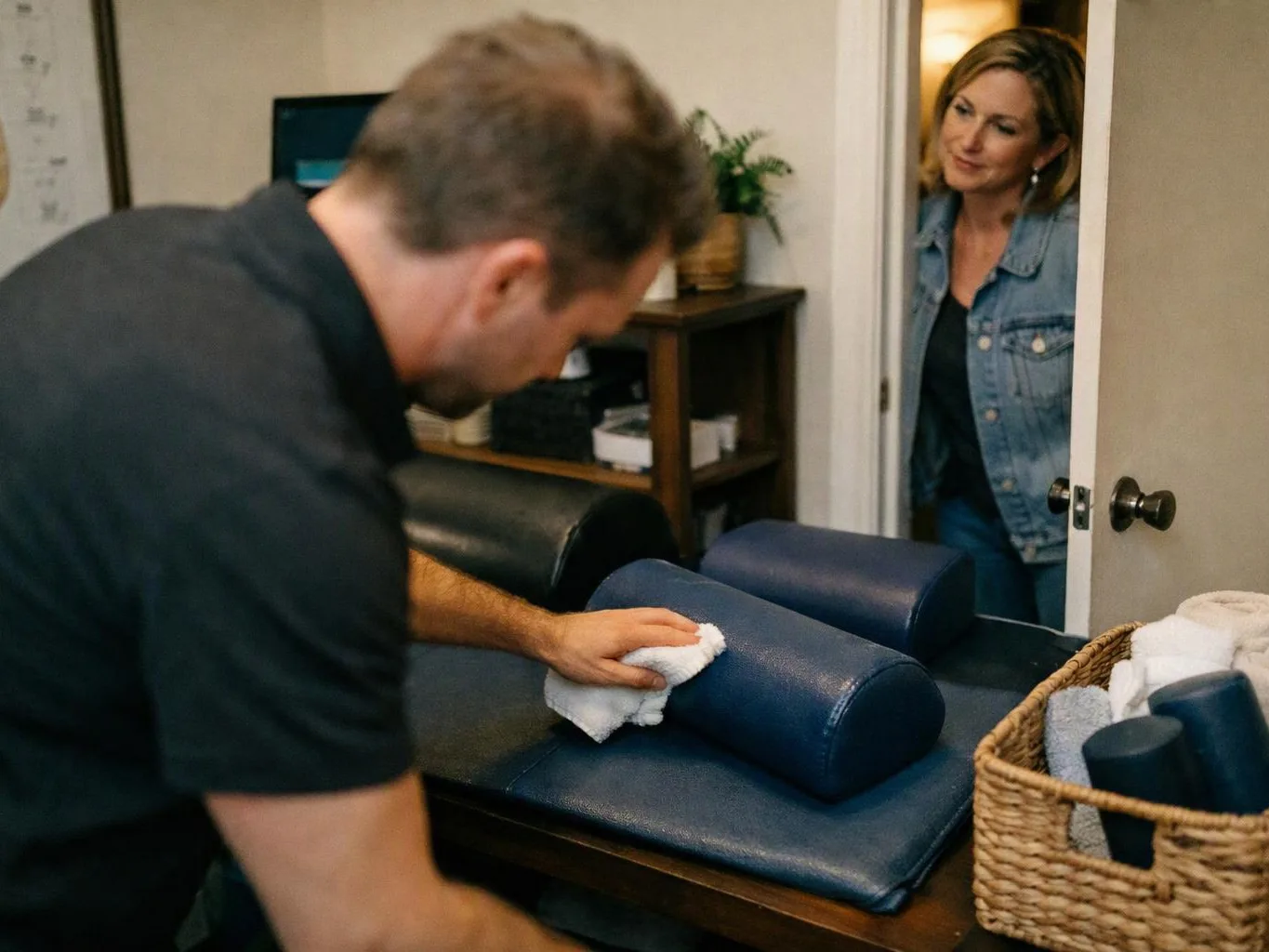 A man wipes a blue padded table while a woman stands in the doorway watching