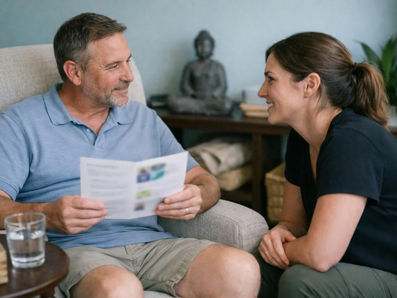 A man and woman smile during a seated conversation while he holds a brochure in a calm living room
