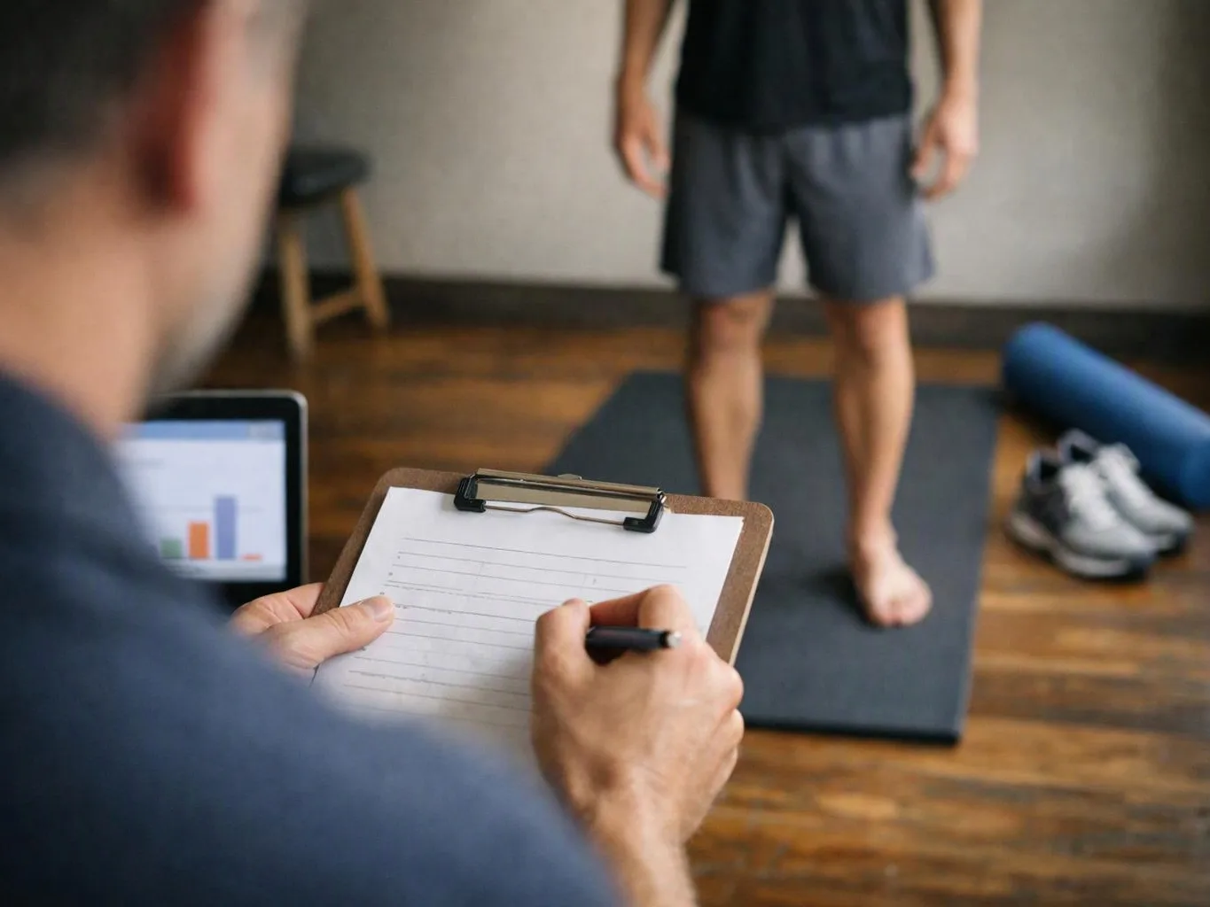 A man writes on a clipboard while another stands on a yoga mat in a workout room