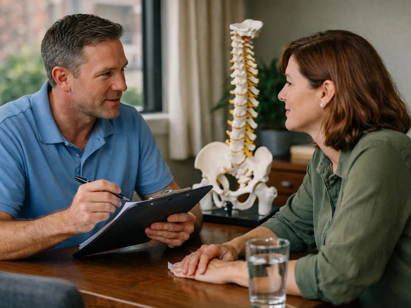 A man writes on a clipboard while talking with a woman across a table, with a spine model behind them