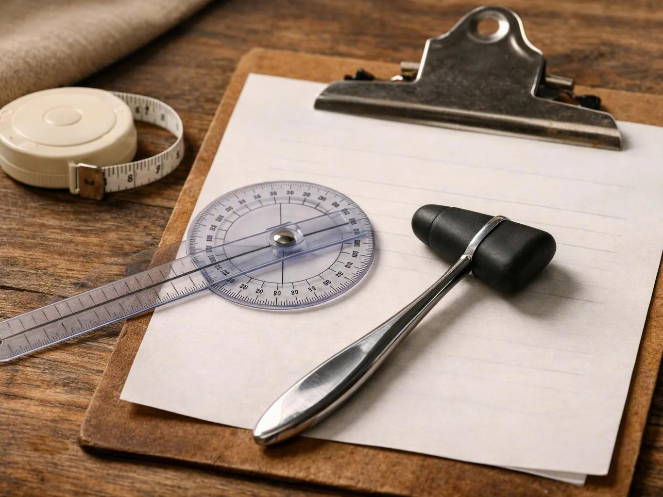 Medical tools lie on a clipboard beside a tape measure and a reflex hammer on a wooden table
