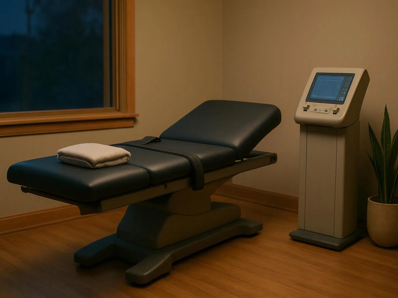 A padded examination table sits beside a touchscreen medical machine in a quiet room at night