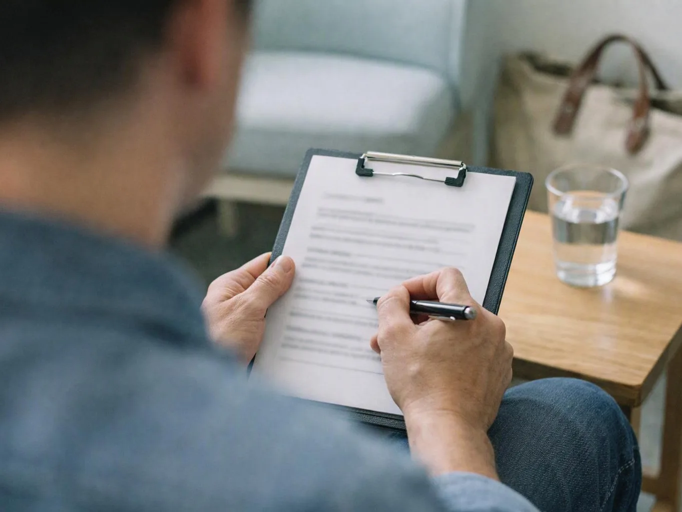 A person fills out a blurred form on a clipboard beside a glass of water on a table