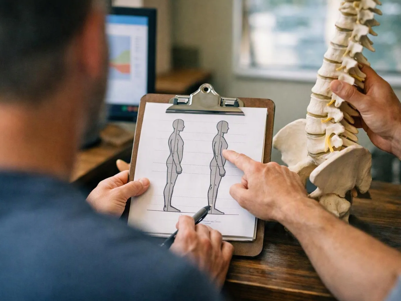 A person points at a posture chart on a clipboard beside a spine model in a clinic setting