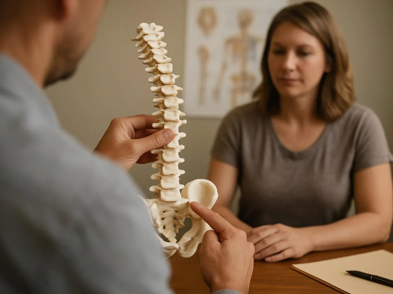 A person points at a spine model across a table while a woman listens in a clinic room