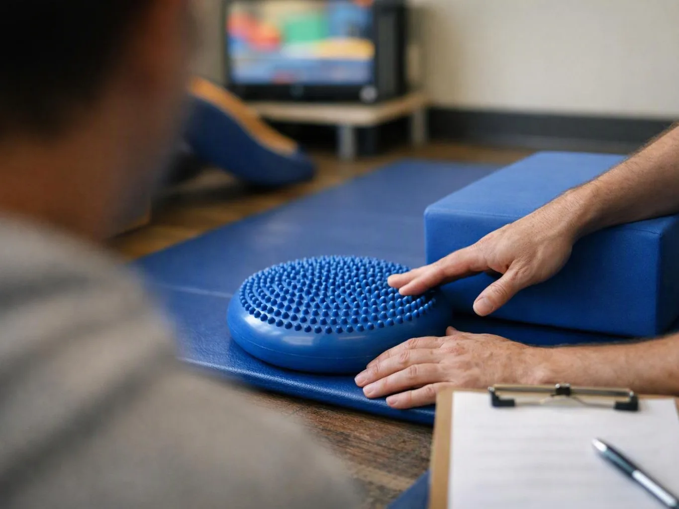 A person presses a textured blue balance pad while another person watches in a therapy room