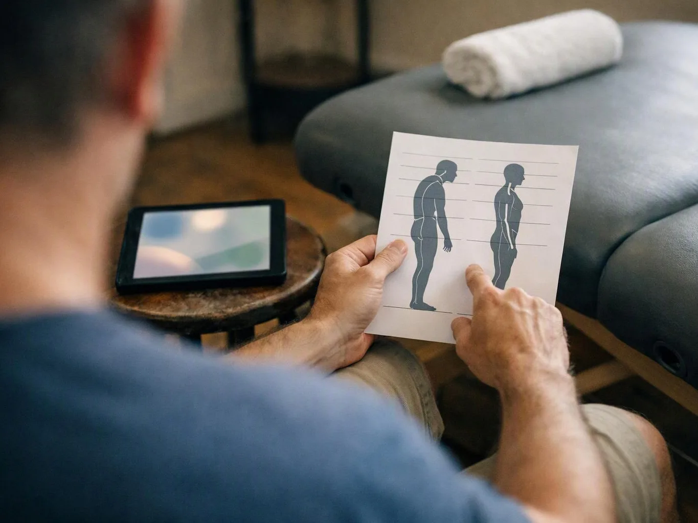 A person studies a paper showing body outlines beside a massage table and a small tablet