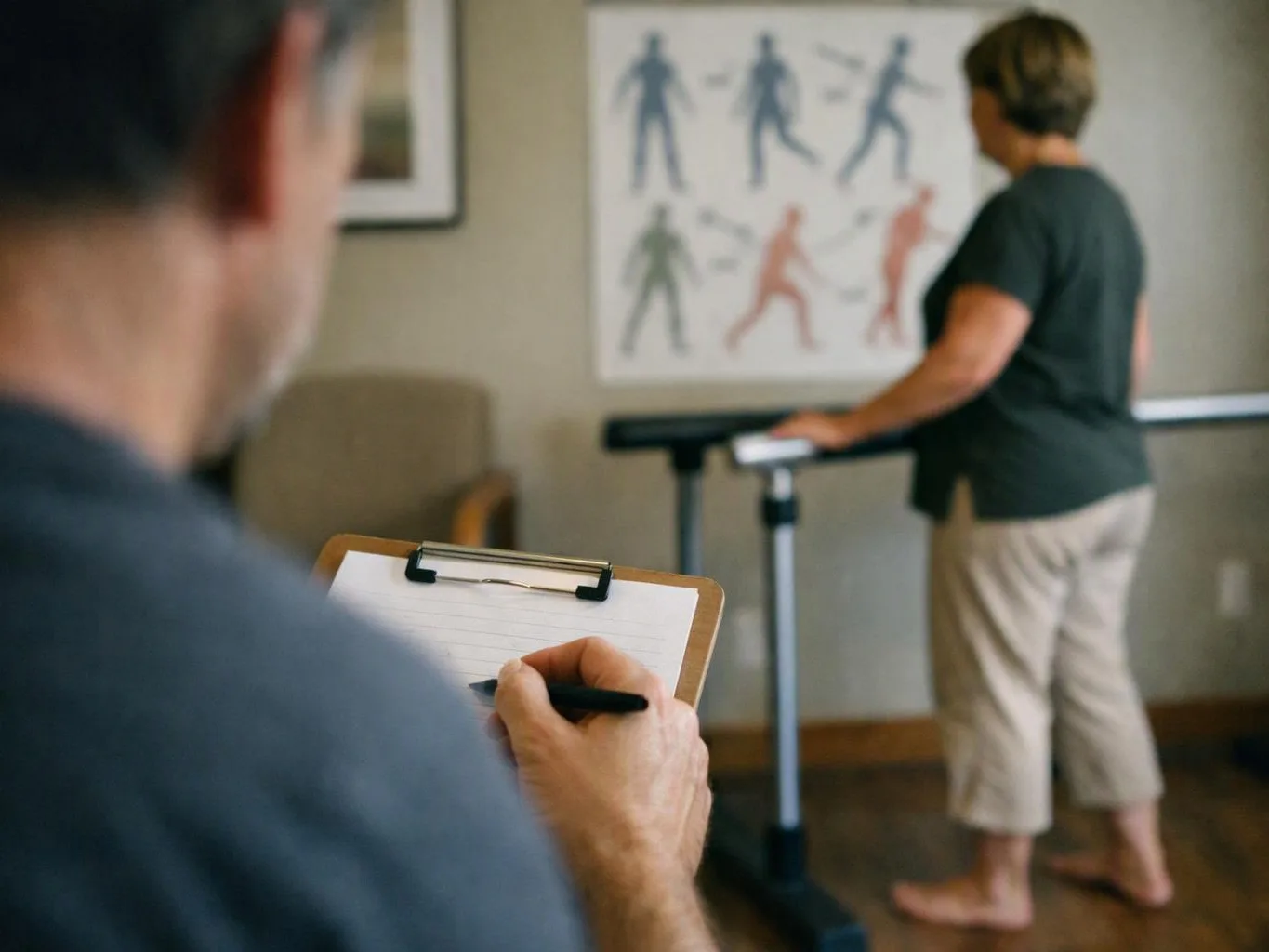 A person writes on a clipboard while another stands barefoot by a ballet barre in a studio