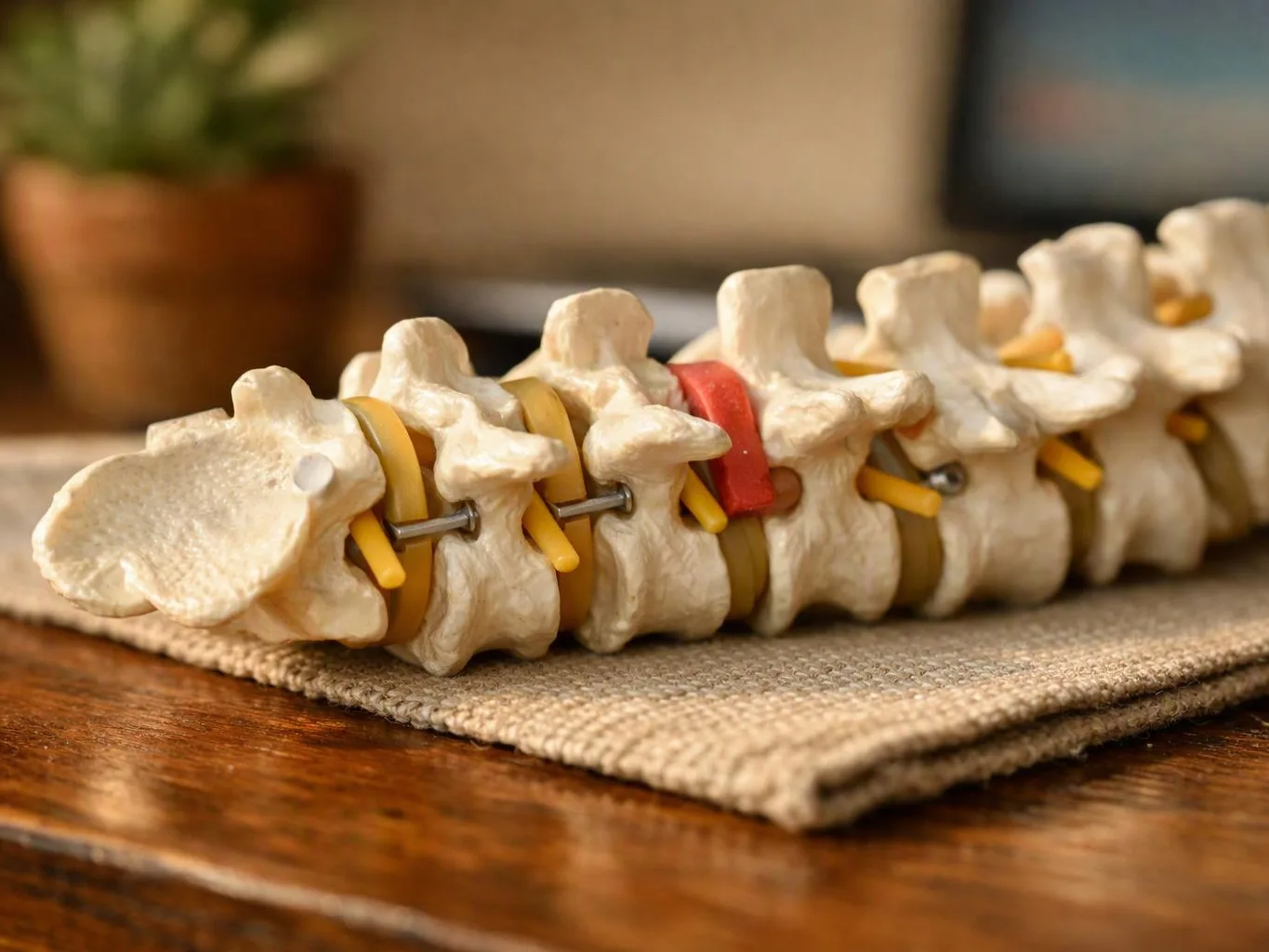 A plastic spine model rests on a woven mat on a wooden table with a blurred plant behind it