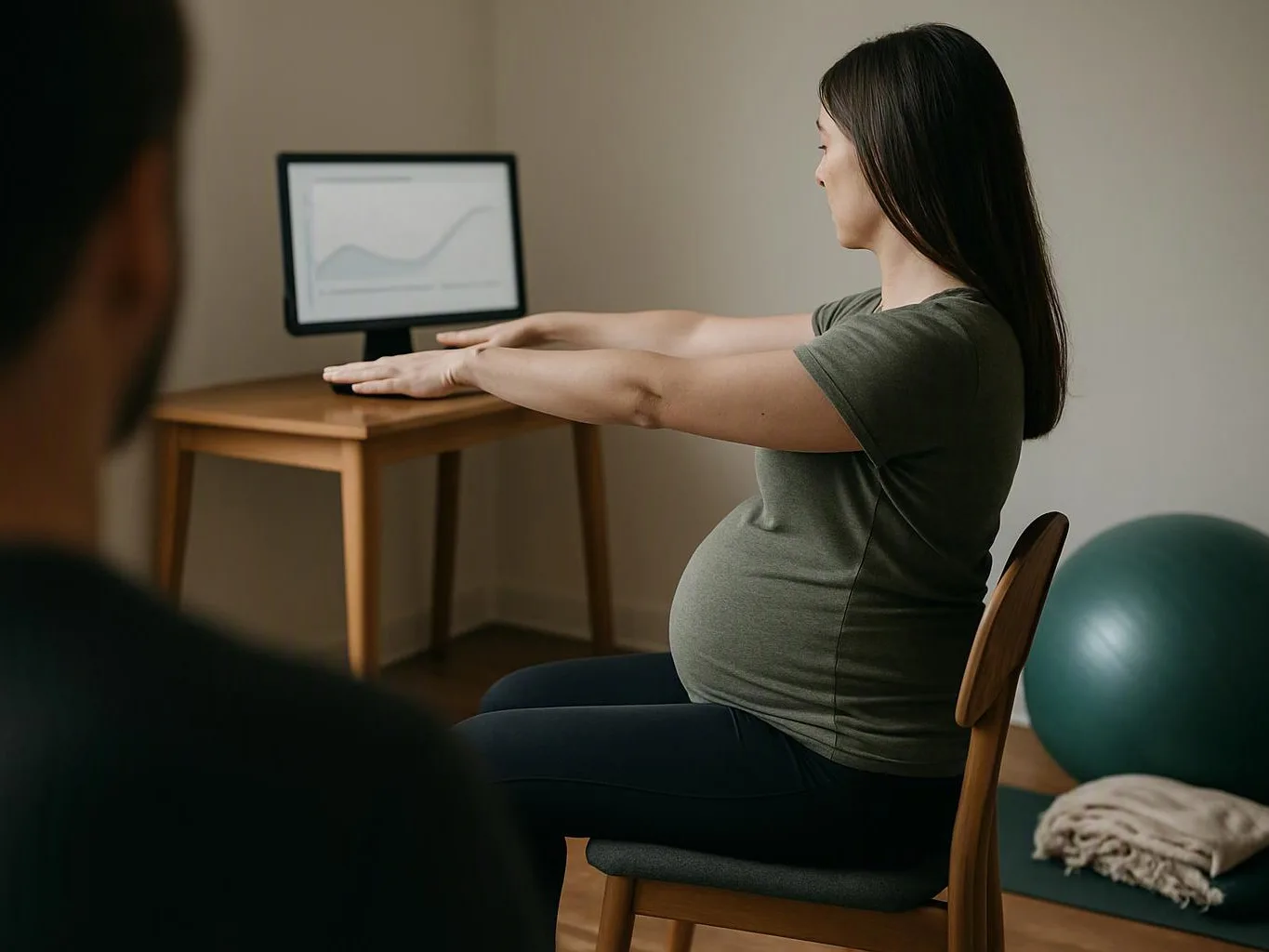 A pregnant woman sits on a chair with her arms extended, while a monitor and exercise ball sit behind her