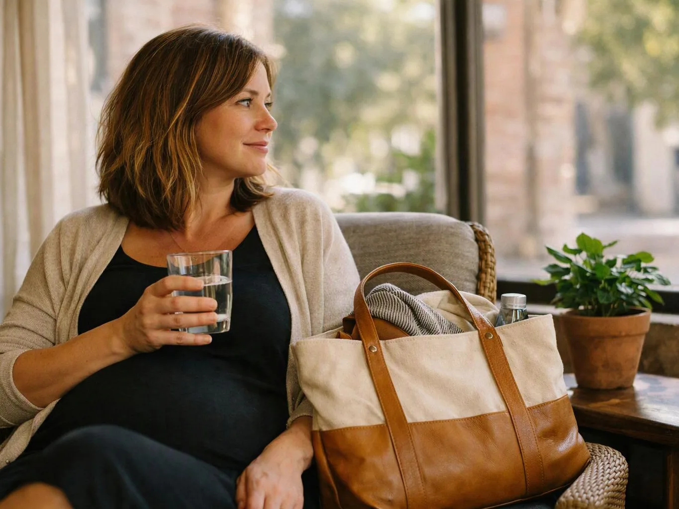 A pregnant woman sits by a window holding a glass of water beside a tote bag and potted plant